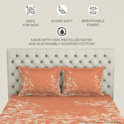 Essentials Premium Cotton Viscose  Large Bedsheet, 138 TC, Floral, Orange