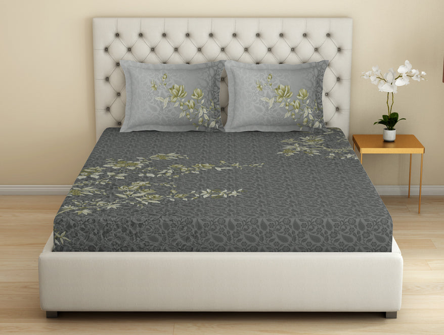 Essentials Premium Cotton Viscose  Large Bedsheet, 138 TC, Floral, Dark Grey