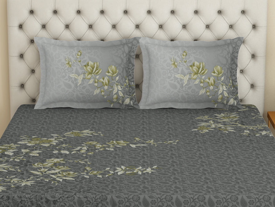 Essentials Premium Cotton Viscose  Large Bedsheet, 138 TC, Floral, Dark Grey