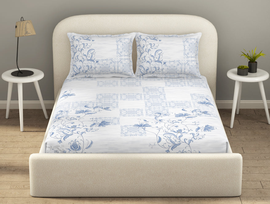 Essentials Cotton Viscose  Double Bedsheet, 138 TC, Ornate, Blue