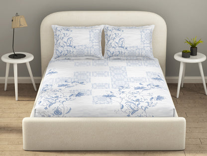 Essentials Cotton Viscose  Double Bedsheet, 138 TC, Ornate, Blue