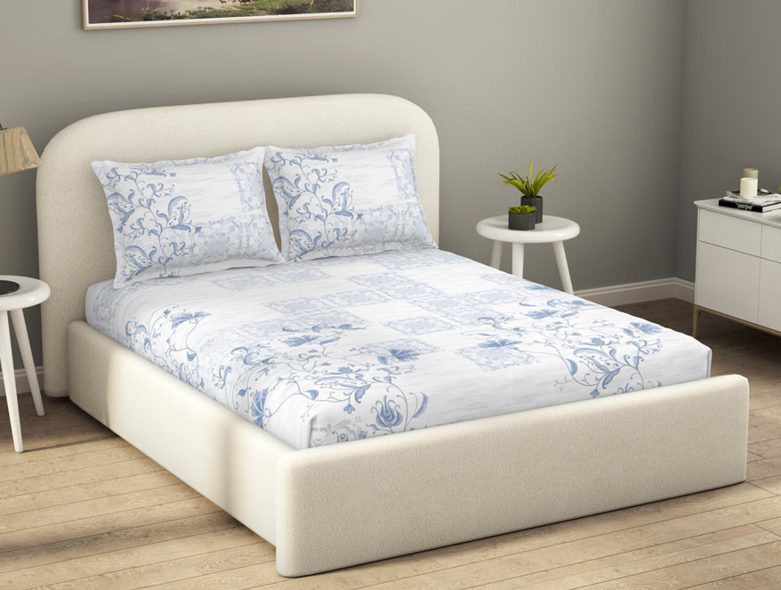 Essentials Cotton Viscose  Double Bedsheet, 138 TC, Ornate, Blue