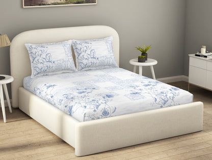 Essentials Cotton Viscose  Double Bedsheet, 138 TC, Ornate, Blue