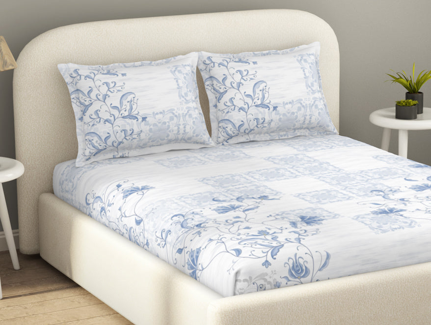 Essentials Cotton Viscose  Double Bedsheet, 138 TC, Ornate, Blue