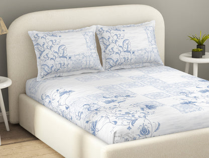 Essentials Cotton Viscose  Double Bedsheet, 138 TC, Ornate, Blue