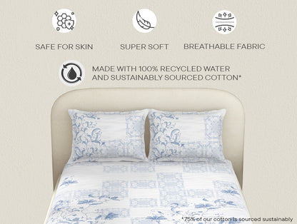 Essentials Cotton Viscose  Double Bedsheet, 138 TC, Ornate, Blue