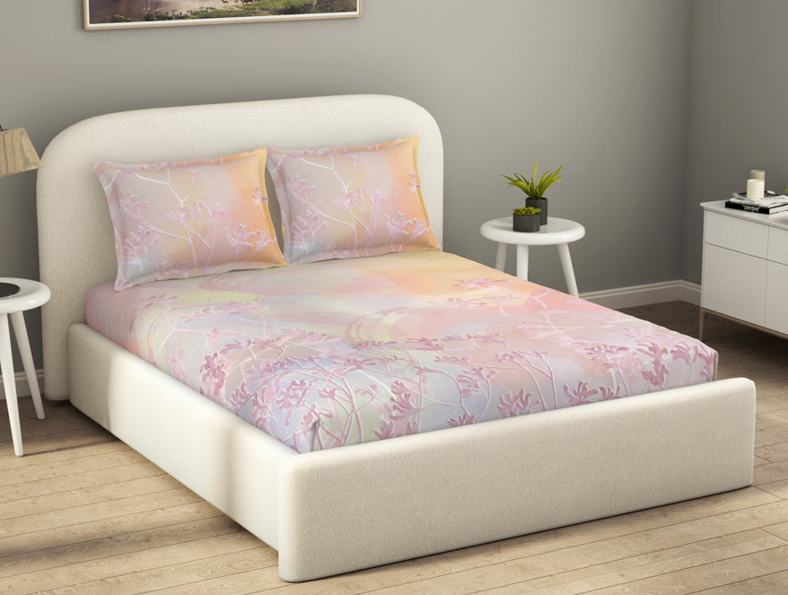 Essentials Cotton Viscose  Double Bedsheet, 138 TC, Floral, Light Pink