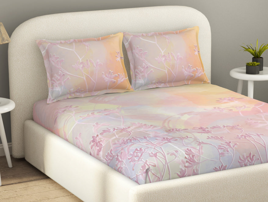 Essentials Cotton Viscose  Double Bedsheet, 138 TC, Floral, Light Pink