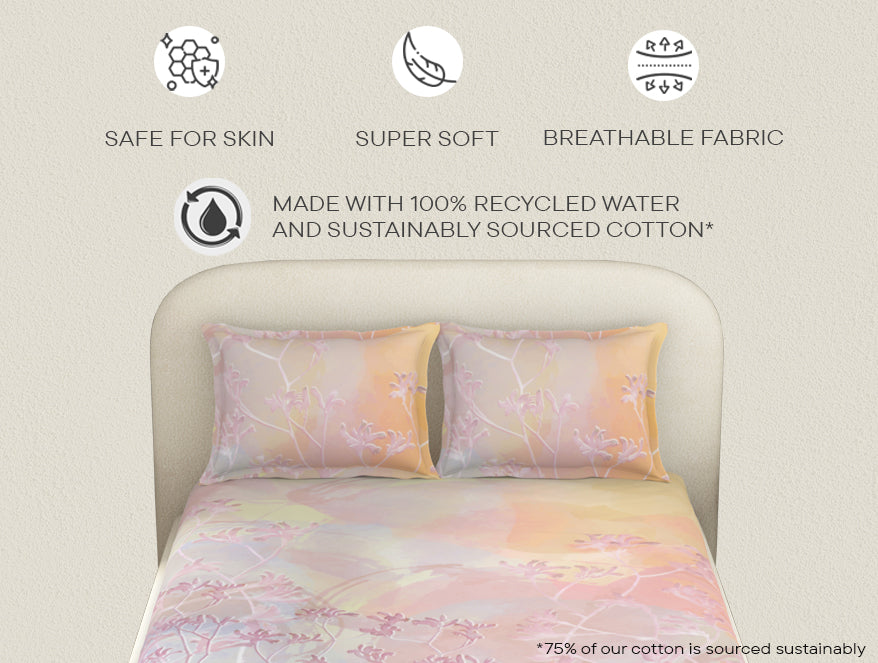 Essentials Cotton Viscose  Double Bedsheet, 138 TC, Floral, Light Pink