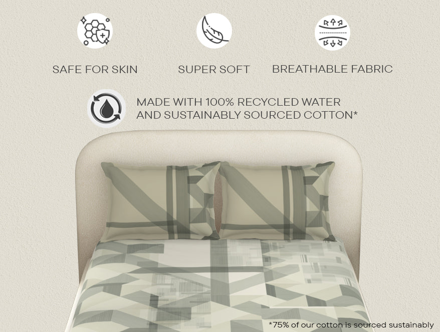 Essentials Cotton Viscose  Double Bedsheet, 138 TC, Geometric, Cream