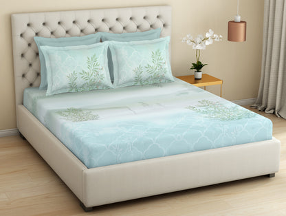 Essentials Premium 100 % Cotton  Large Bedsheet, 180 TC, Floral, Light Aqua
