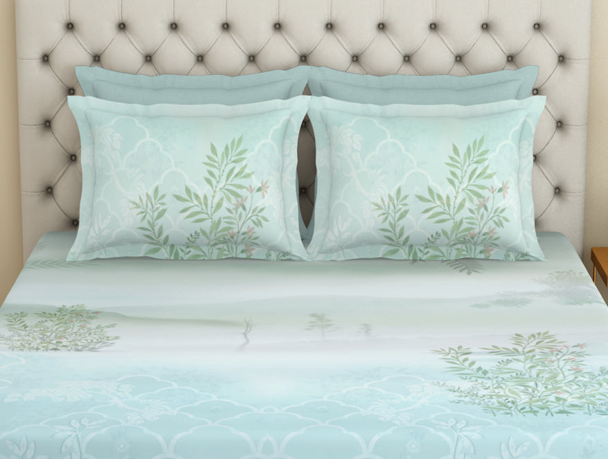 Essentials Premium 100 % Cotton  Large Bedsheet, 180 TC, Floral, Light Aqua