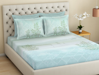 Essentials Premium 100 % Cotton  Large Bedsheet, 180 TC, Floral, Light Aqua