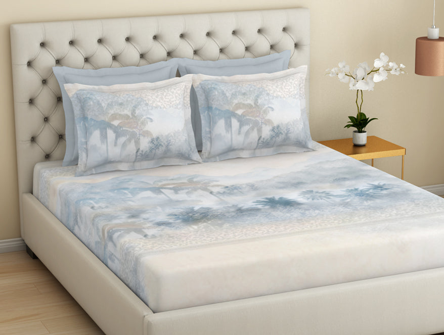 Essentials Premium 100 % Cotton  Large Bedsheet, 180 TC, Floral, Light Blue