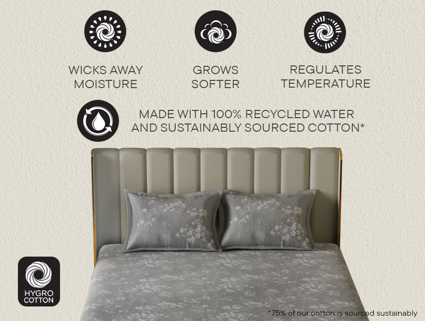 Innovations Hygro Cotton  Large Bedsheet, 210 TC, Floral, Grey