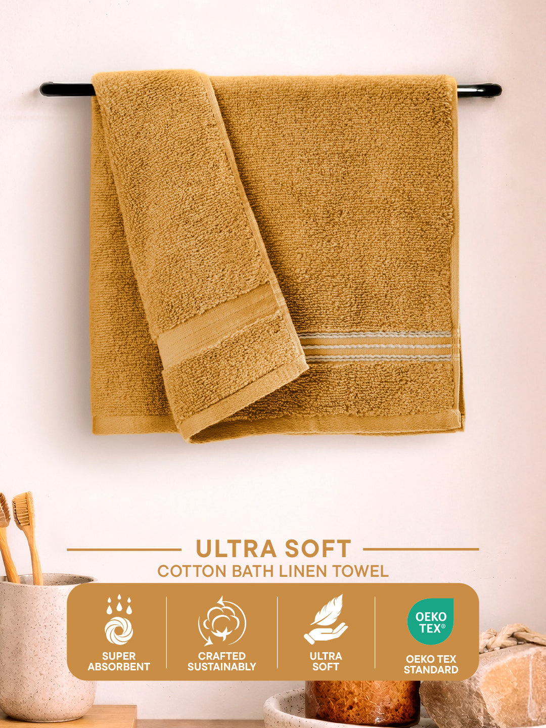 Swift Flow 100% Cotton Hand Towel, 500 GSM, Solid, Gold
