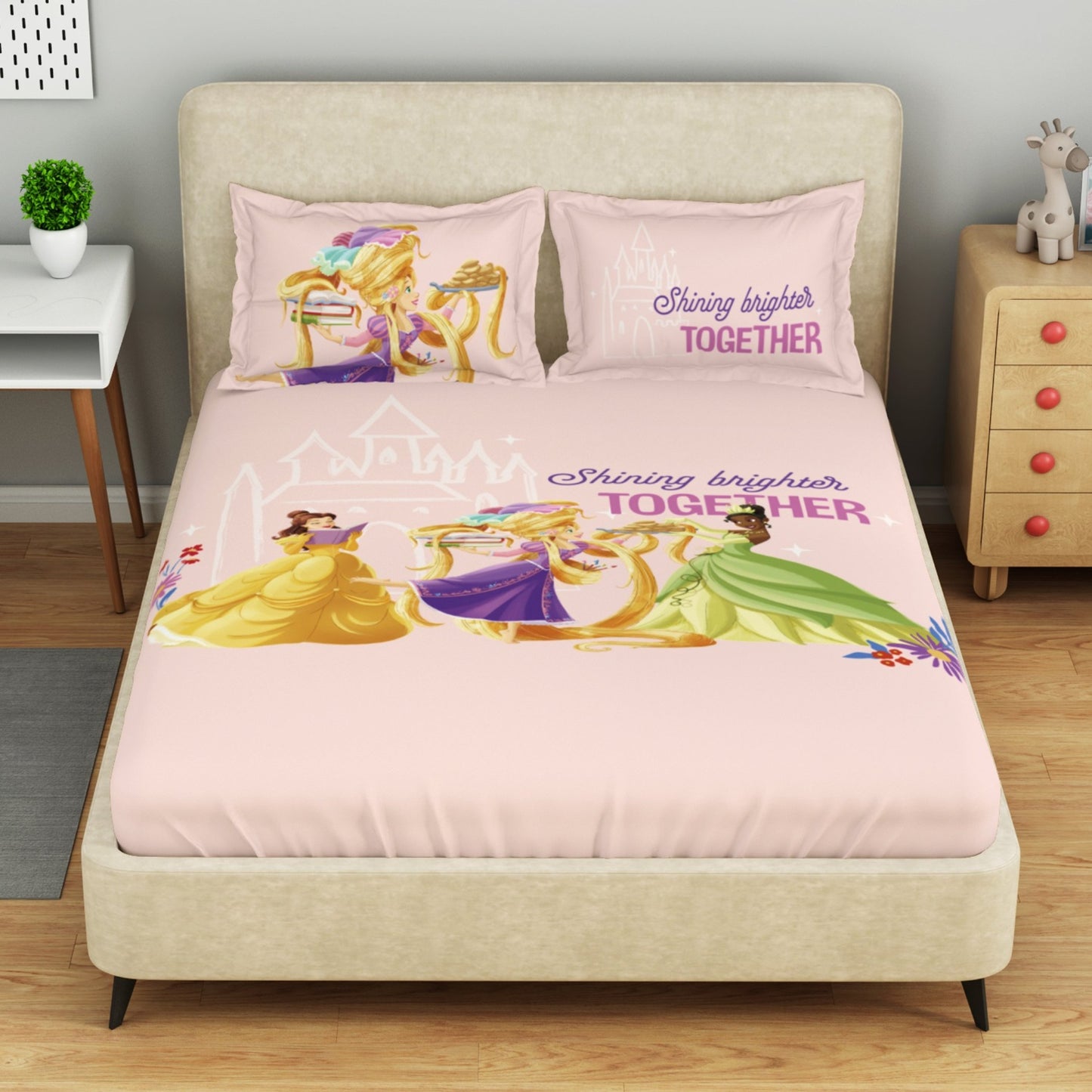 Kids 100 % Cotton Double Bedsheet, 132 TC, Character, Light Pink