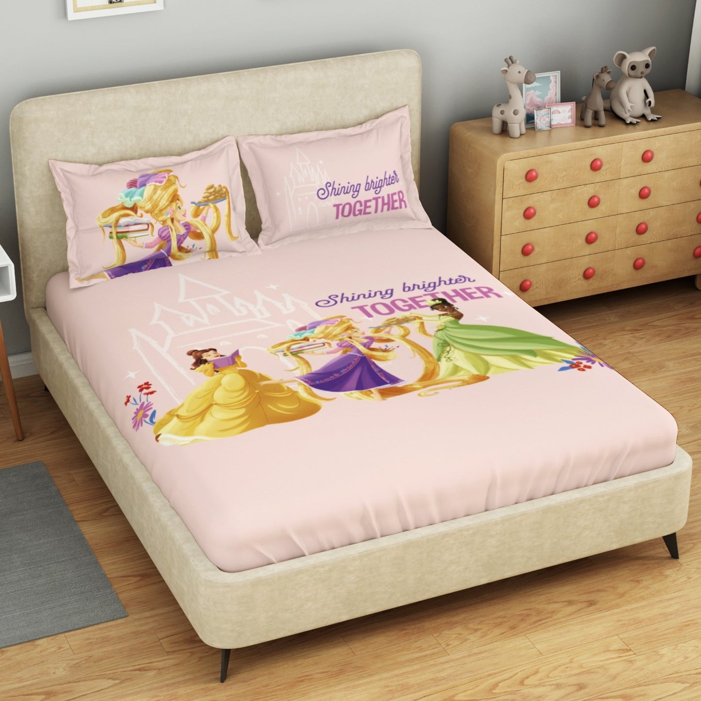 Kids 100 % Cotton Double Bedsheet, 132 TC, Character, Light Pink