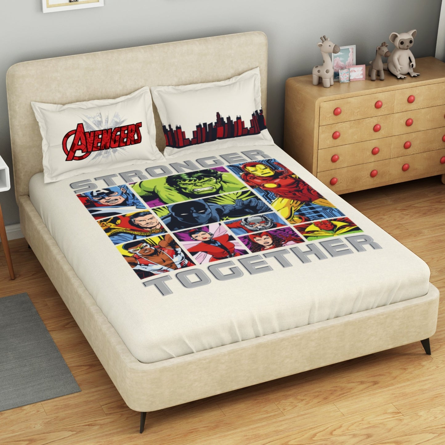 Kids 100 % Cotton Double Bedsheet, 132 TC, Character, Beige