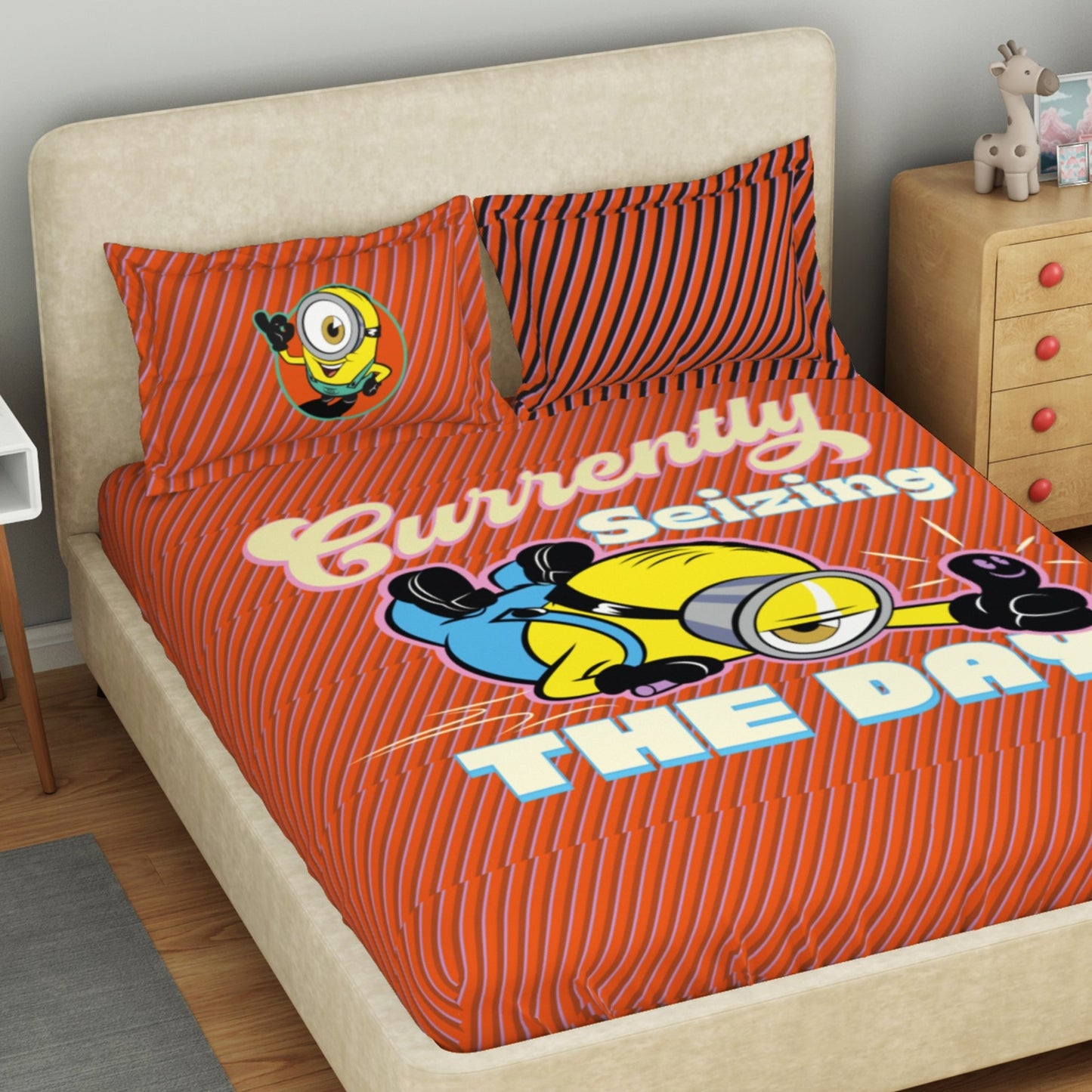 Kids 100 % Cotton Double Bedsheet, 132 TC, Character, Dark Orange