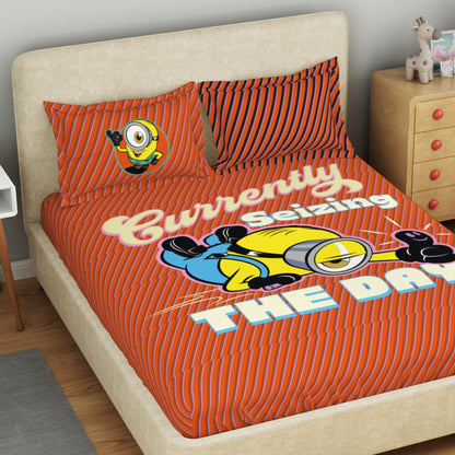 Kids 100 % Cotton Double Bedsheet, 132 TC, Character, Dark Orange