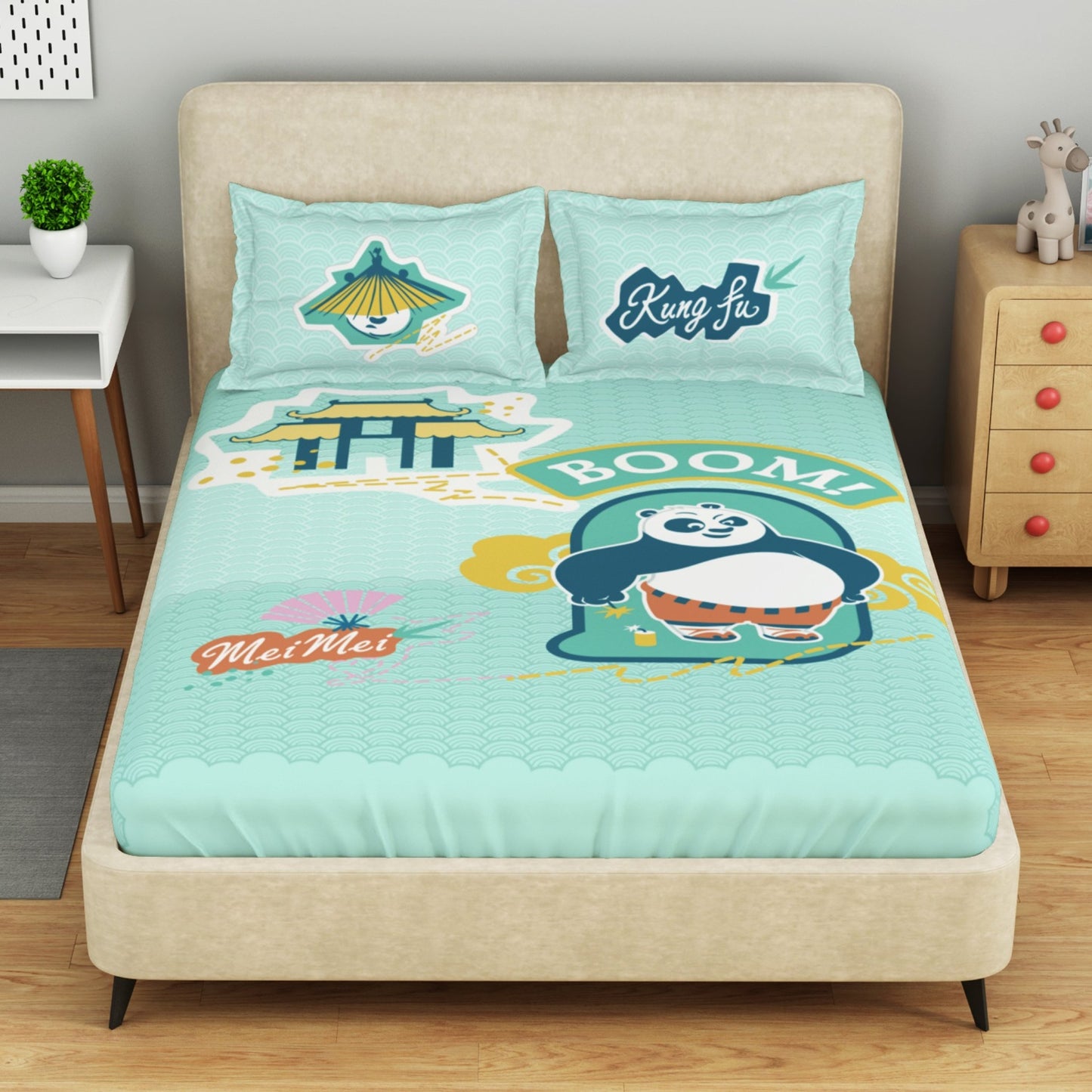 Kids 100 % Cotton Double Bedsheet, 132 TC, Character, Light Aqua