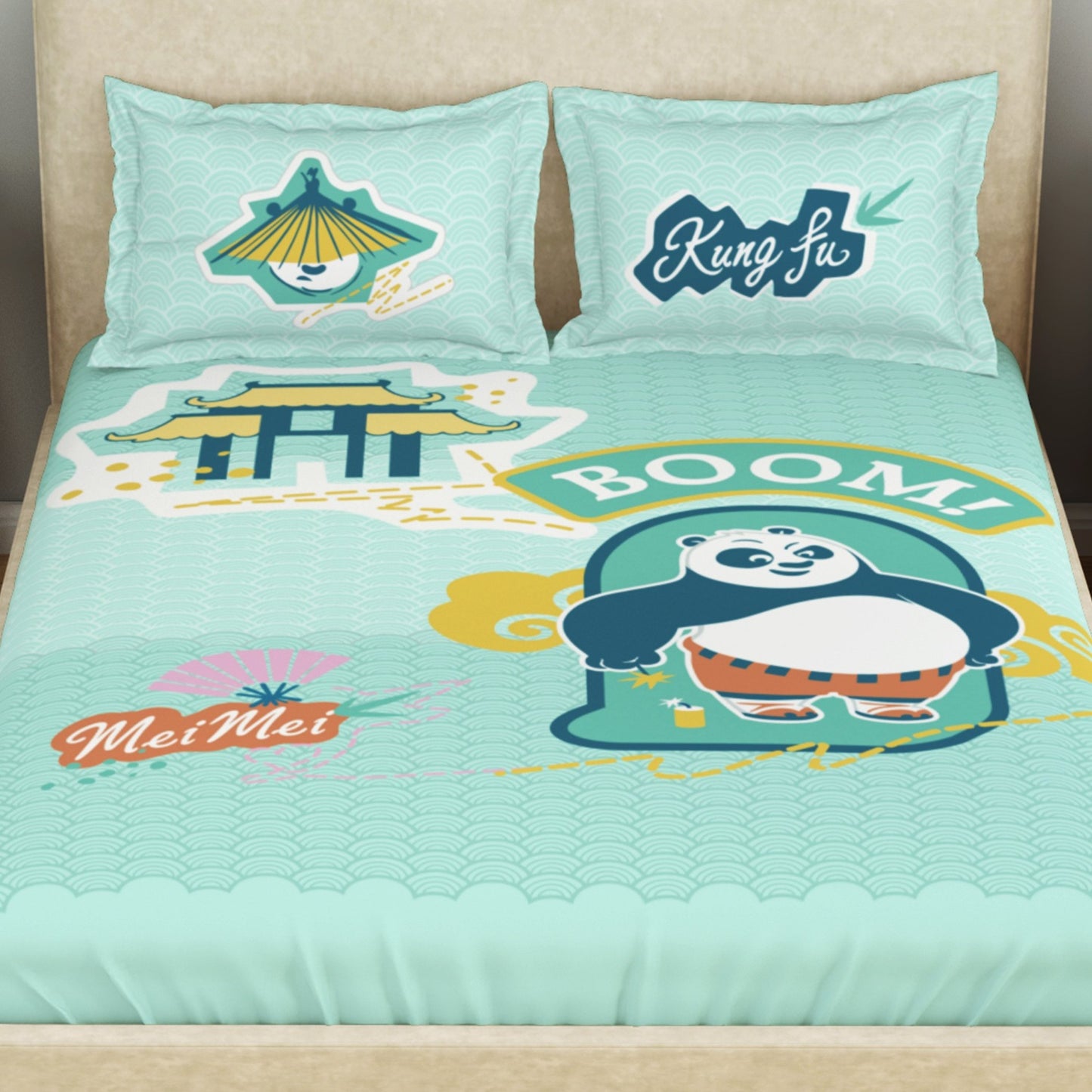 Kids 100 % Cotton Double Bedsheet, 132 TC, Character, Light Aqua