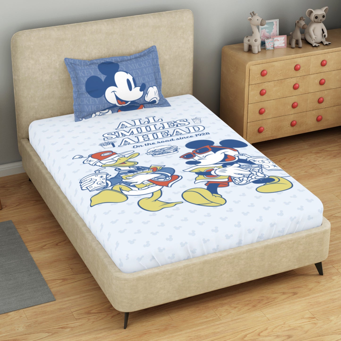 Kids 100 % Cotton Single Bedsheet, 132 TC, Character, Light Blue