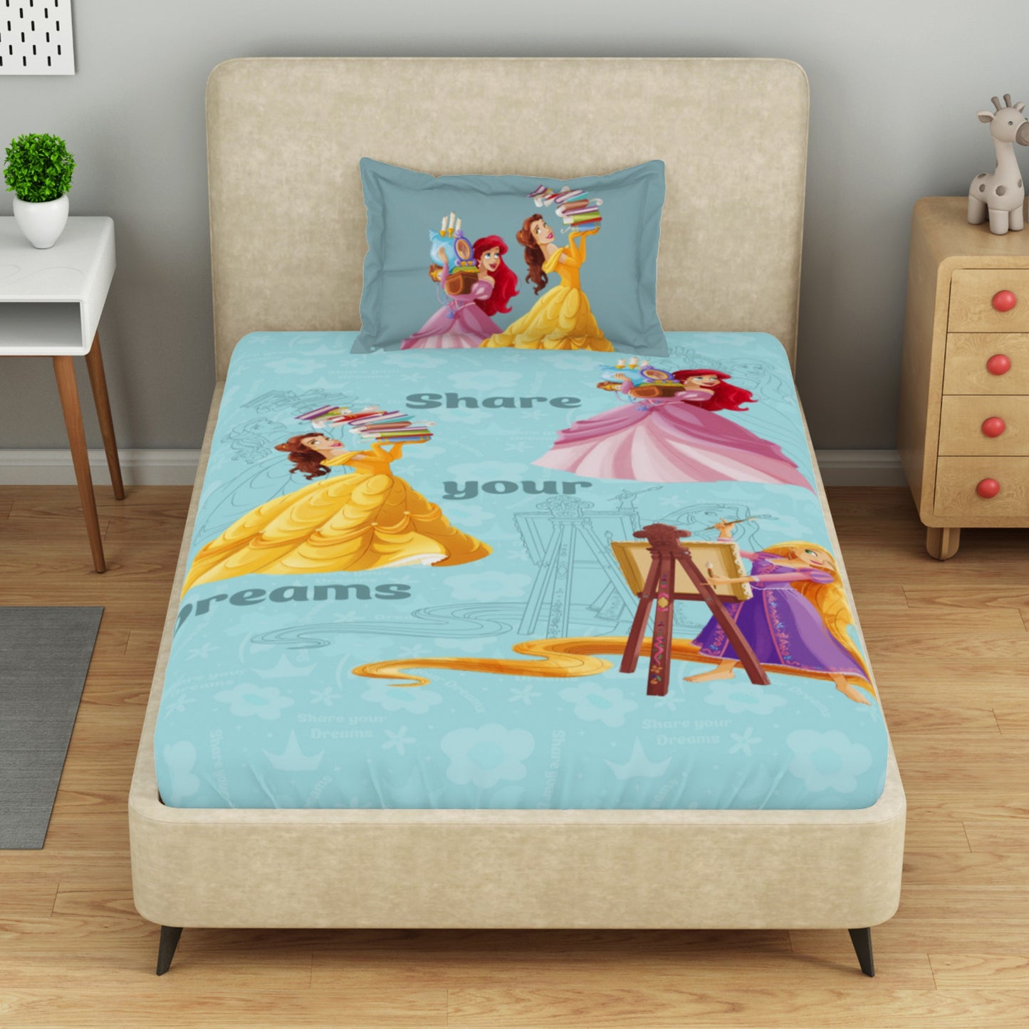 Kids 100 % Cotton Single Bedsheet, 132 TC, Character, Light Aqua