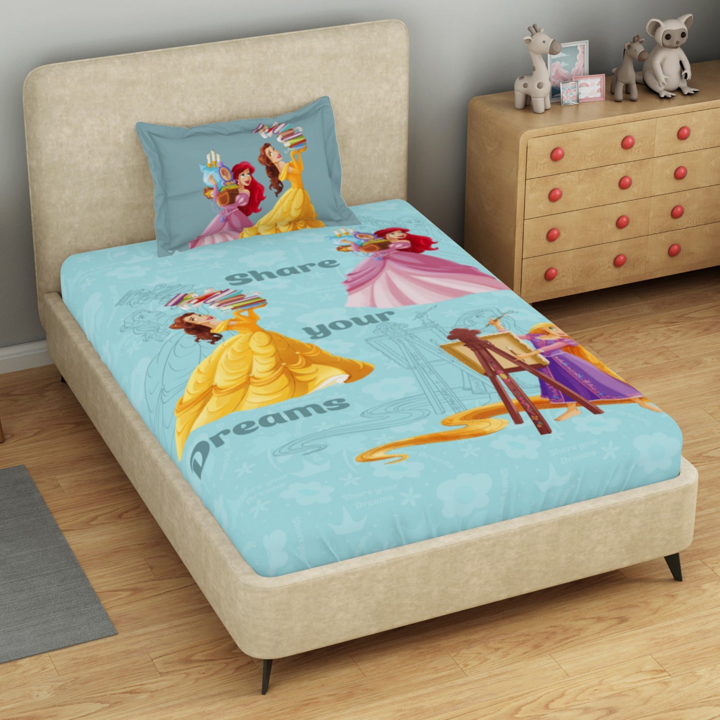 Kids 100 % Cotton Single Bedsheet, 132 TC, Character, Light Aqua