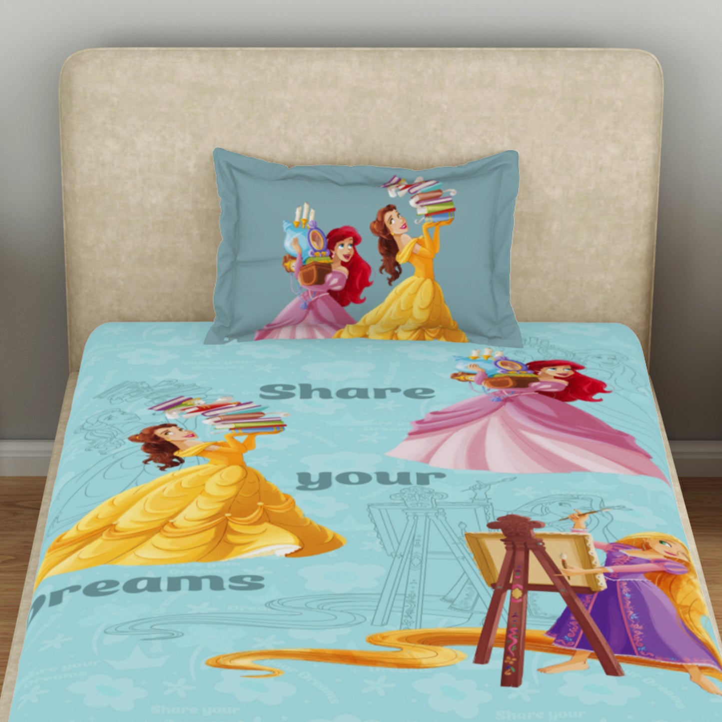 Kids 100 % Cotton Single Bedsheet, 132 TC, Character, Light Aqua