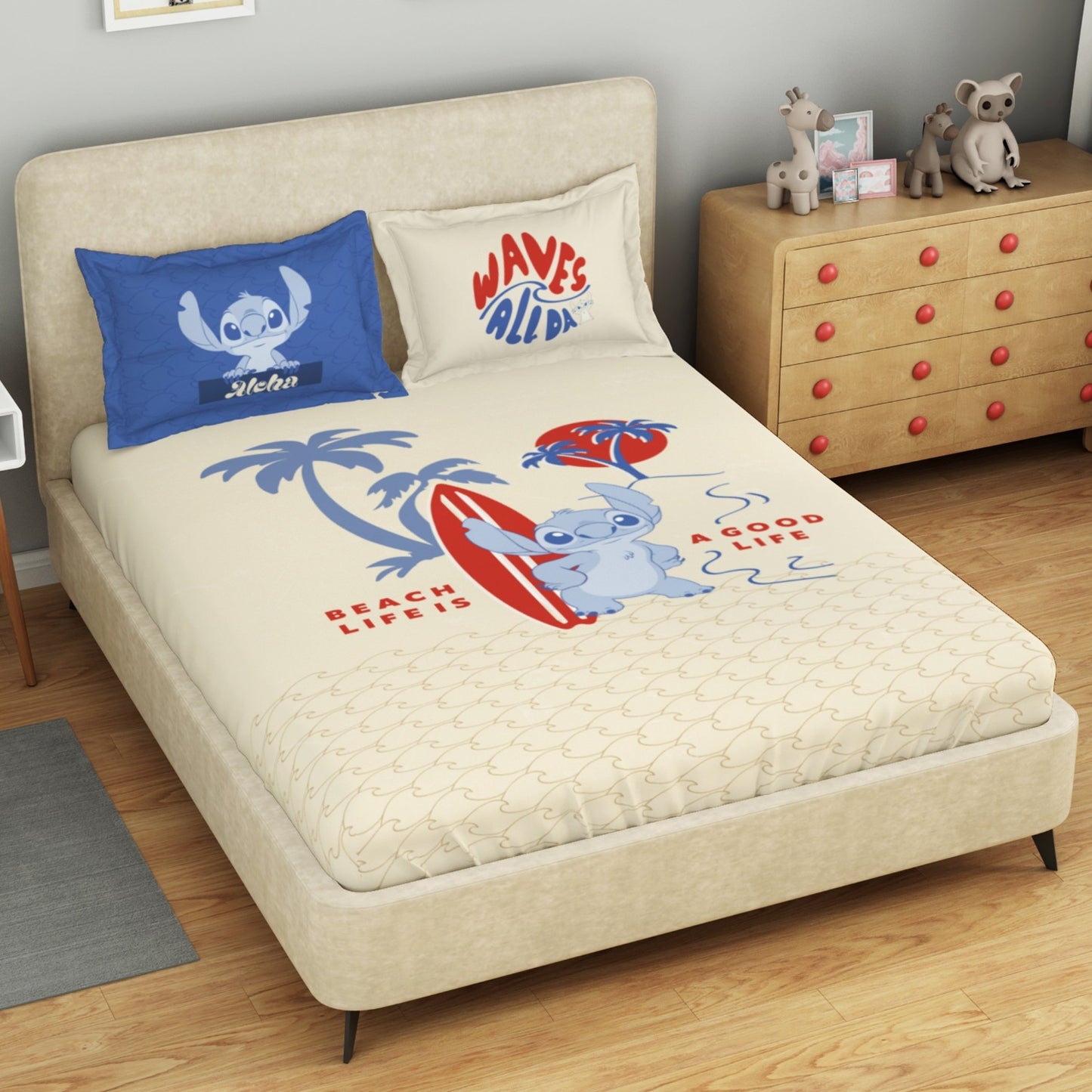 Kids 100 % Cotton Double Bedsheet, 132 TC, Character, Beige
