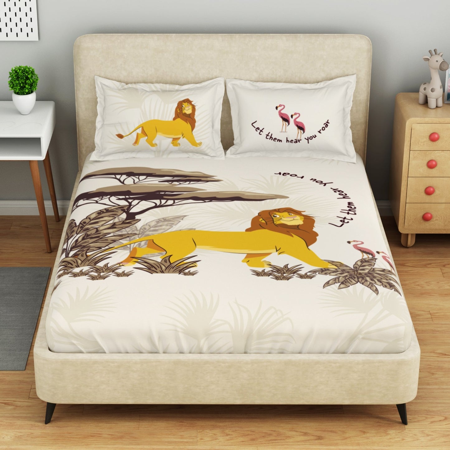 Kids 100 % Cotton Double Bedsheet, 132 TC, Character, Cream