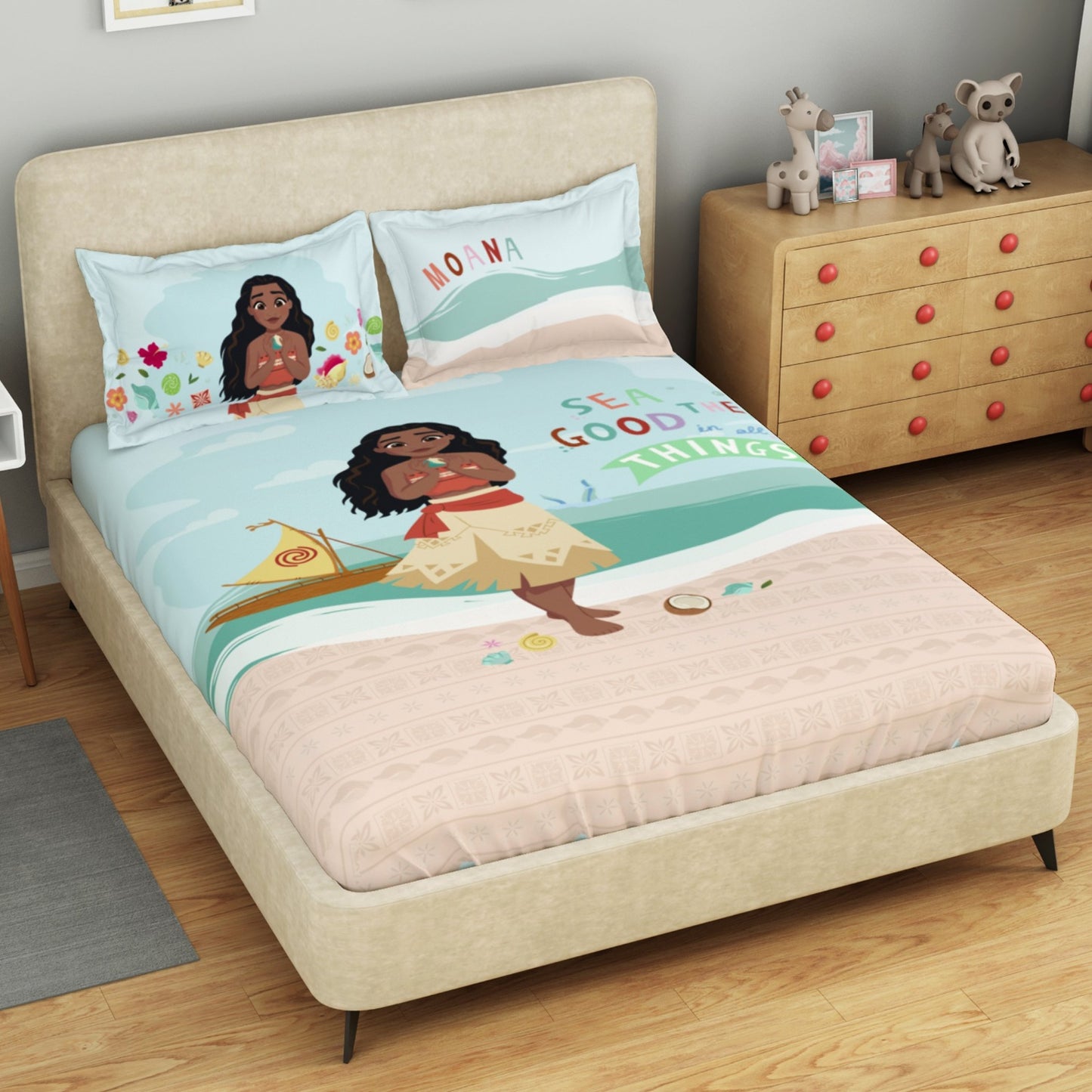 Kids 100 % Cotton Double Bedsheet, 132 TC, Character, Light Blue