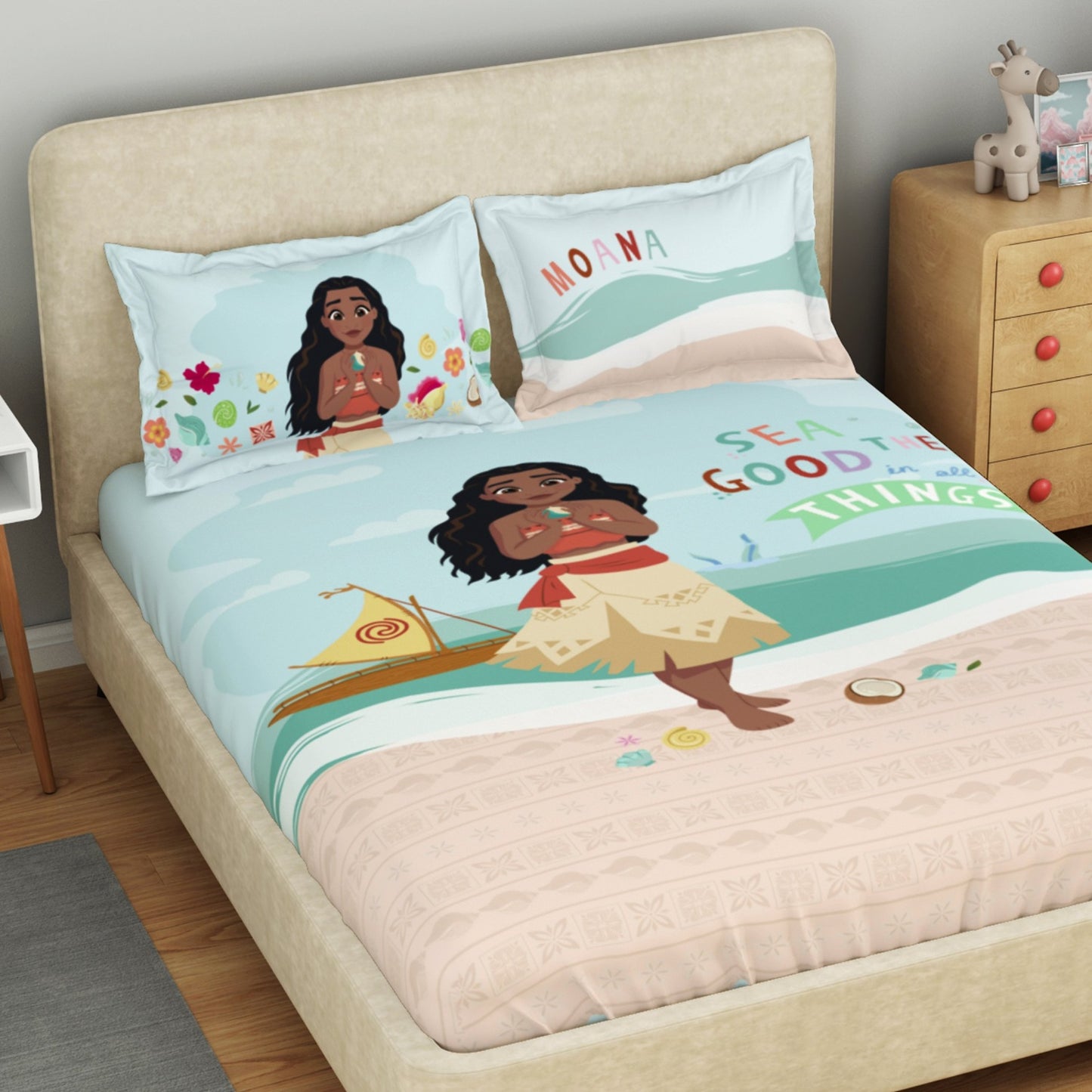 Kids 100 % Cotton Double Bedsheet, 132 TC, Character, Light Blue