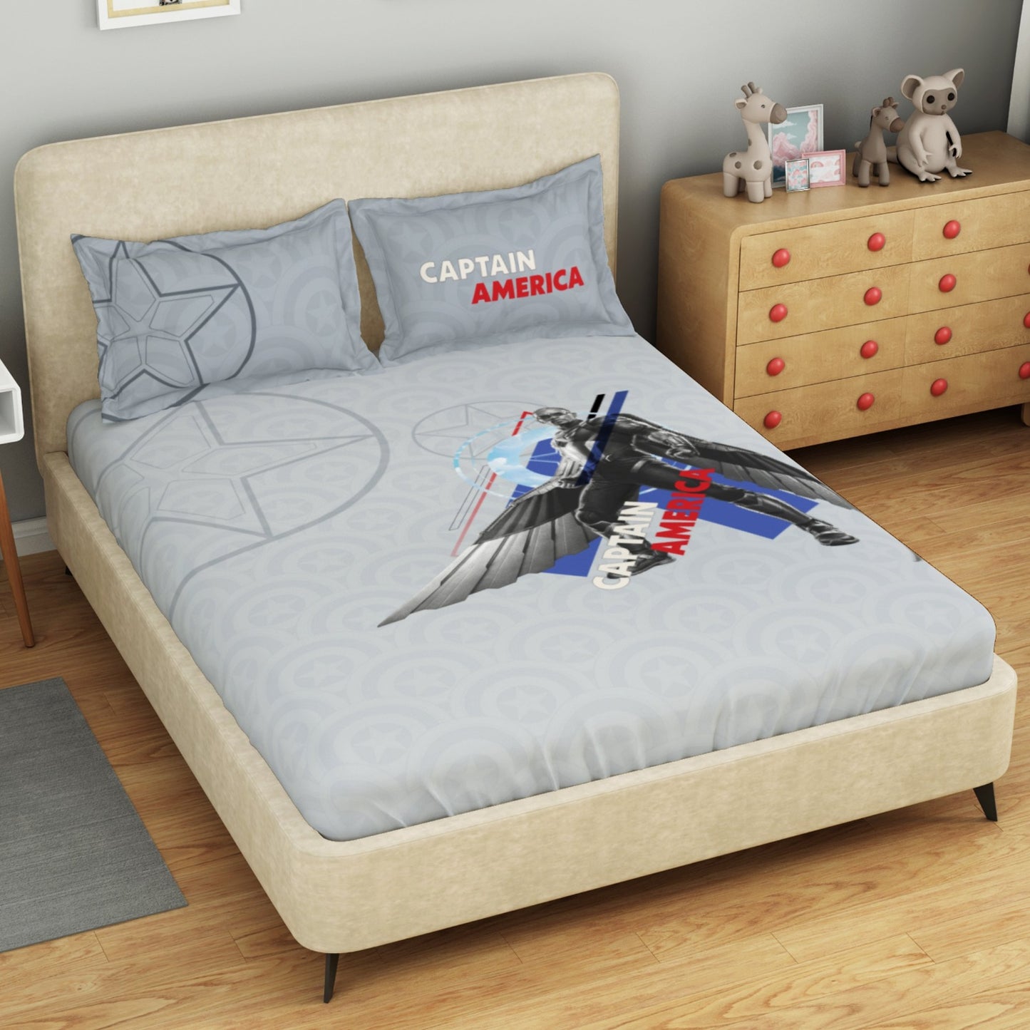 Kids 100 % Cotton Double Bedsheet, 132 TC, Character, Light Grey