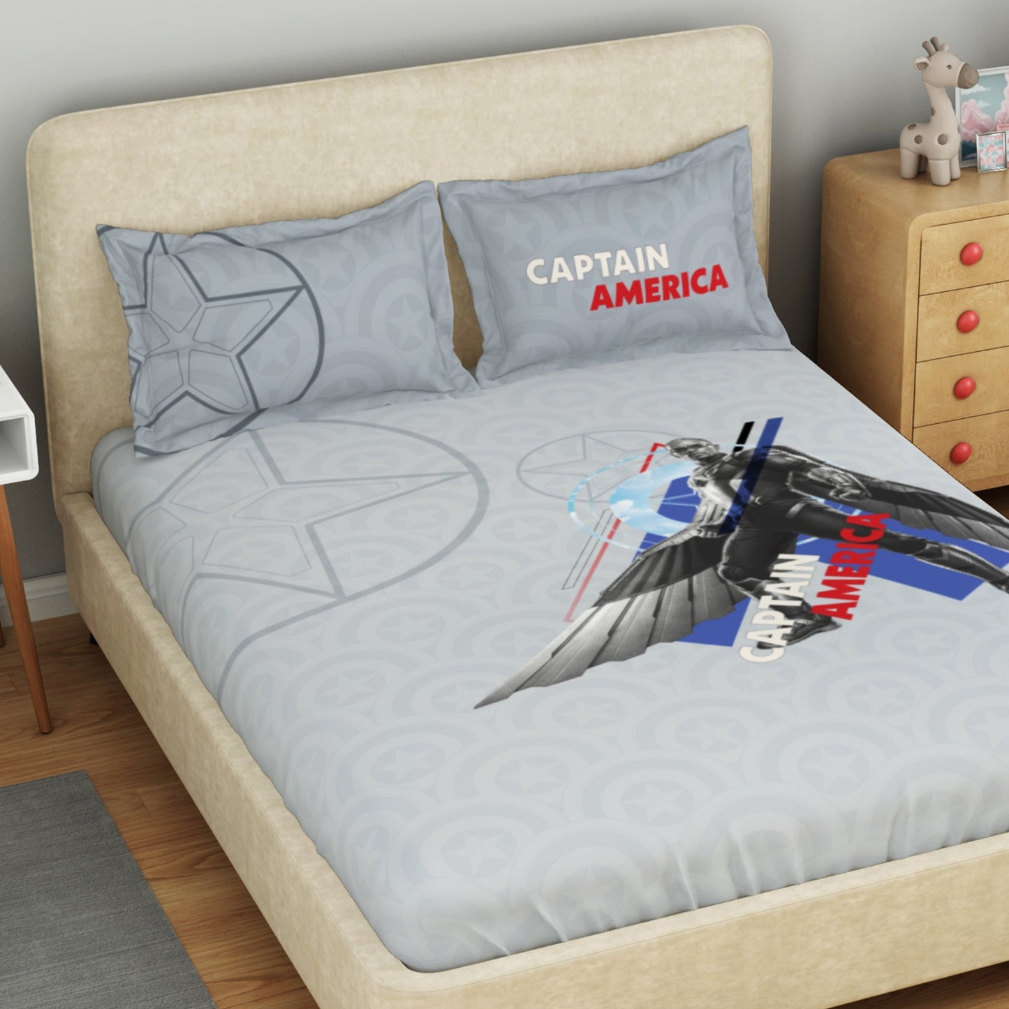 Kids 100 % Cotton Double Bedsheet, 132 TC, Character, Light Grey