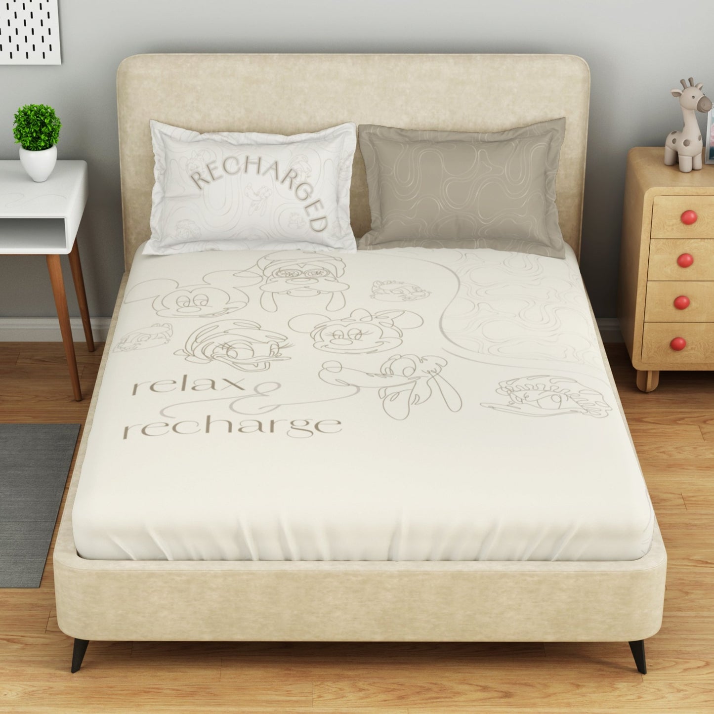 Kids 100 % Cotton Double Bedsheet, 132 TC, Character, Beige