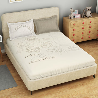 Kids 100 % Cotton Double Bedsheet, 132 TC, Character, Beige
