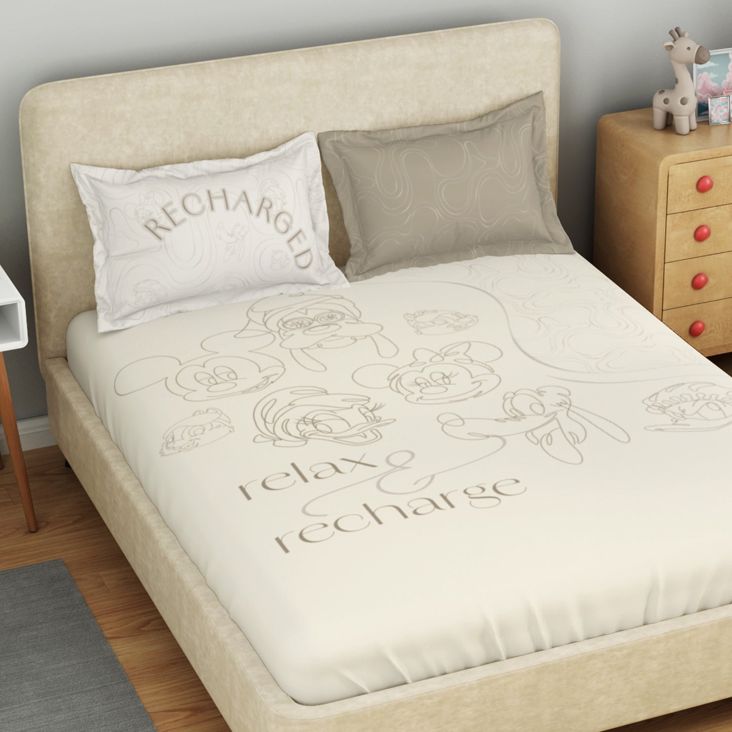 Kids 100 % Cotton Double Bedsheet, 132 TC, Character, Beige