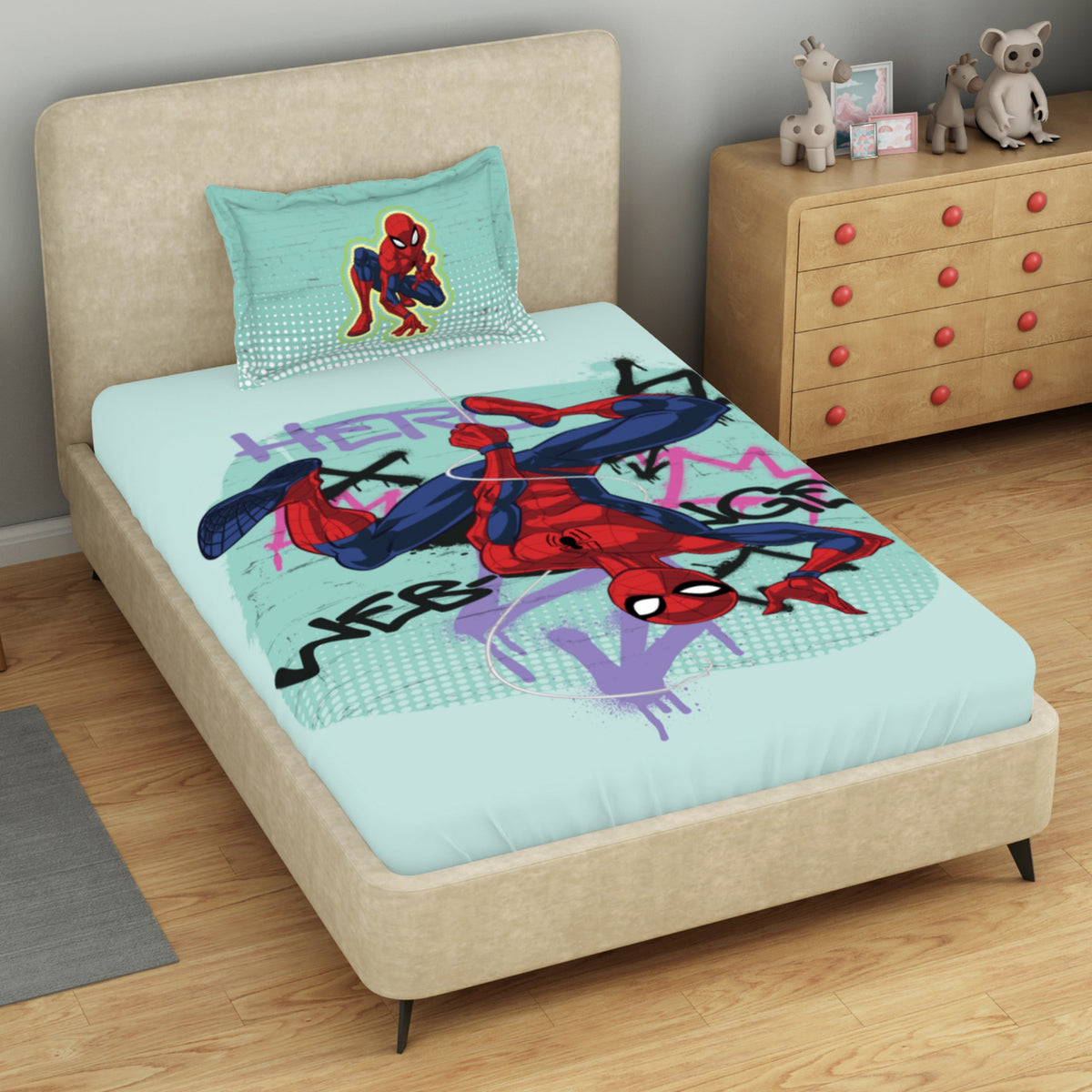 Kids 100 % Cotton Single Bedsheet, 132 TC, Character, Aqua