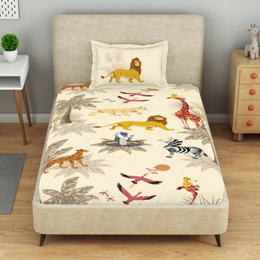 Kids 100 % Cotton Single Bedsheet, 132 TC, Character, Cream