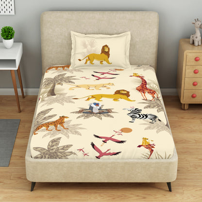 Kids 100 % Cotton Single Bedsheet, 132 TC, Character, Cream