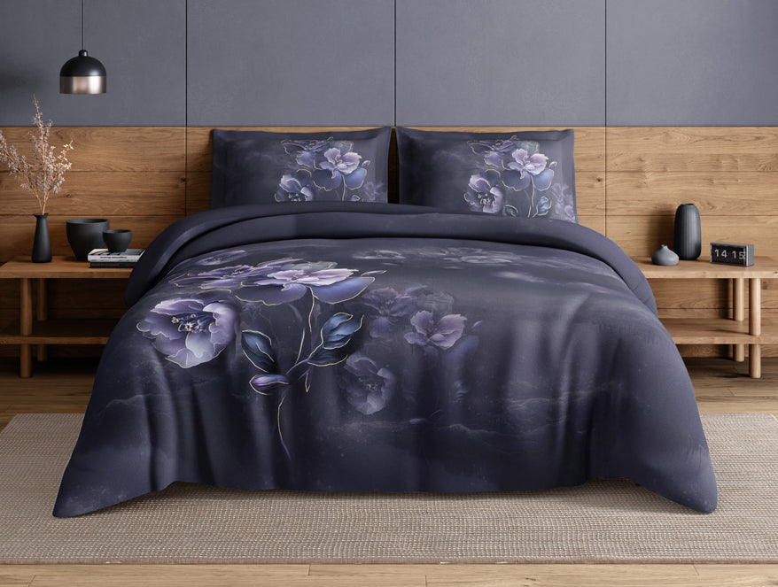 Elegance Noir 100% Cotton Large Bedsheet, 210TC, Floral, Dark Violet