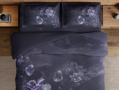 Elegance Noir 100% Cotton Large Bedsheet, 210TC, Floral, Dark Violet