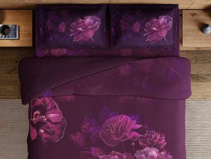 Elegance Noir 100% Cotton Large Bedsheet, 210TC, Floral, Dark Violet
