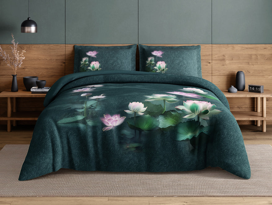 Elegance Noir 100% Cotton Large Bedsheet, 210TC, Floral, Dark Teal