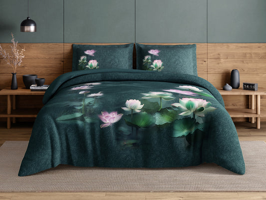 Elegance Noir 100% Cotton Large Bedsheet, 210TC, Floral, Dark Teal
