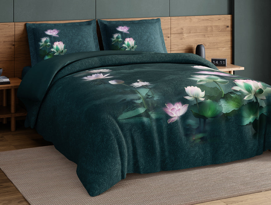 Elegance Noir 100% Cotton Large Bedsheet, 210TC, Floral, Dark Teal