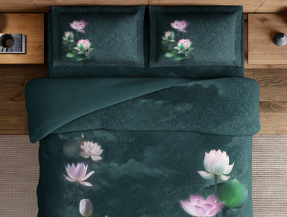 Elegance Noir 100% Cotton Large Bedsheet, 210TC, Floral, Dark Teal